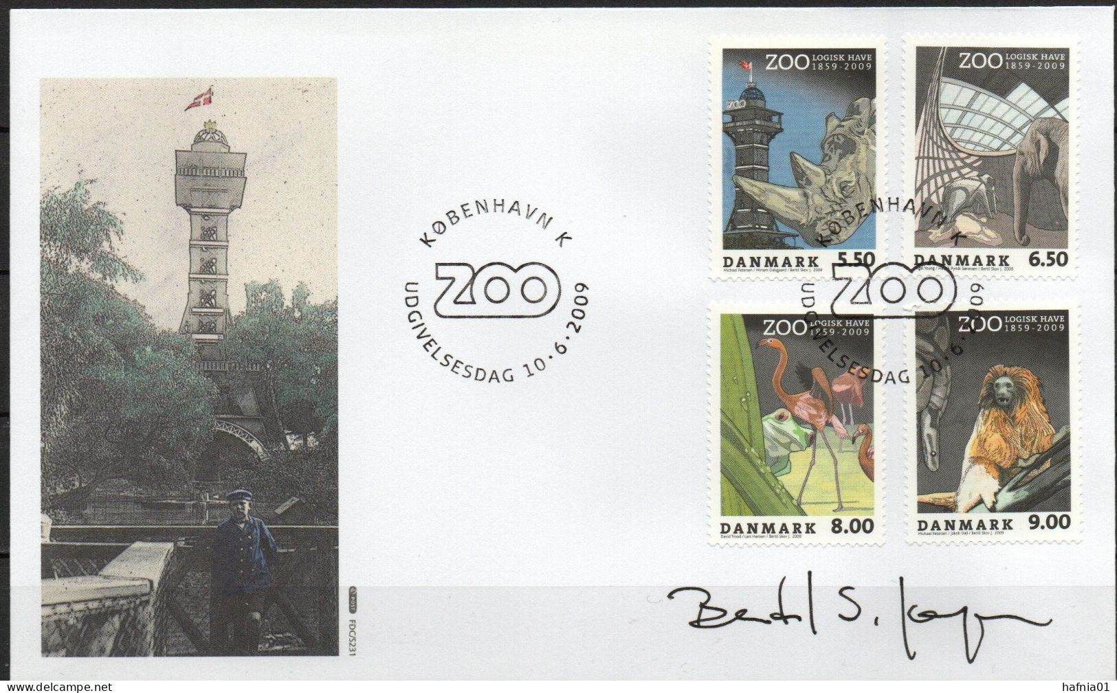 Bertil Skov Jørgensen. Denmark 2009. 150 Anniv Zoologic Garden, Copenhagen. Michel 1530 -1533 FDC. Signed. - FDC