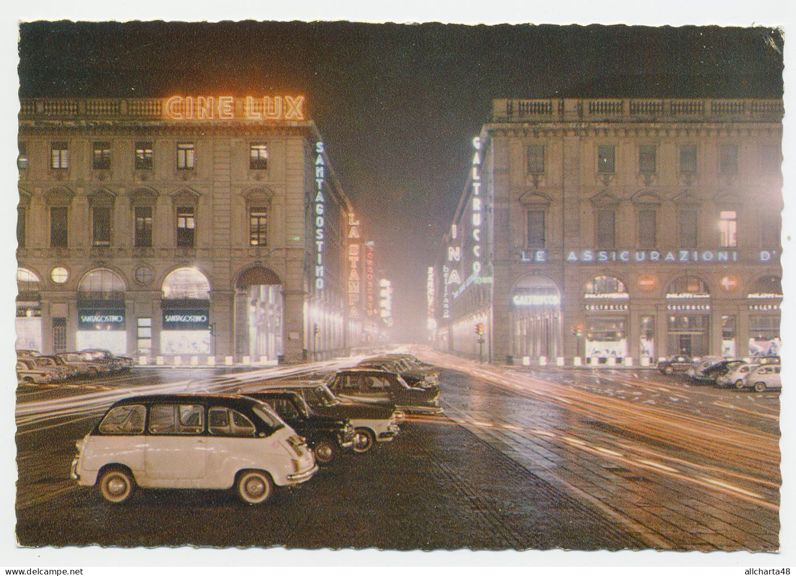 D8046] TORINO PIAZZA SAN CARLO Notturna FIAT 600 MULTIPLA Cartolina Non Viaggiata - Lugares Y Plazas