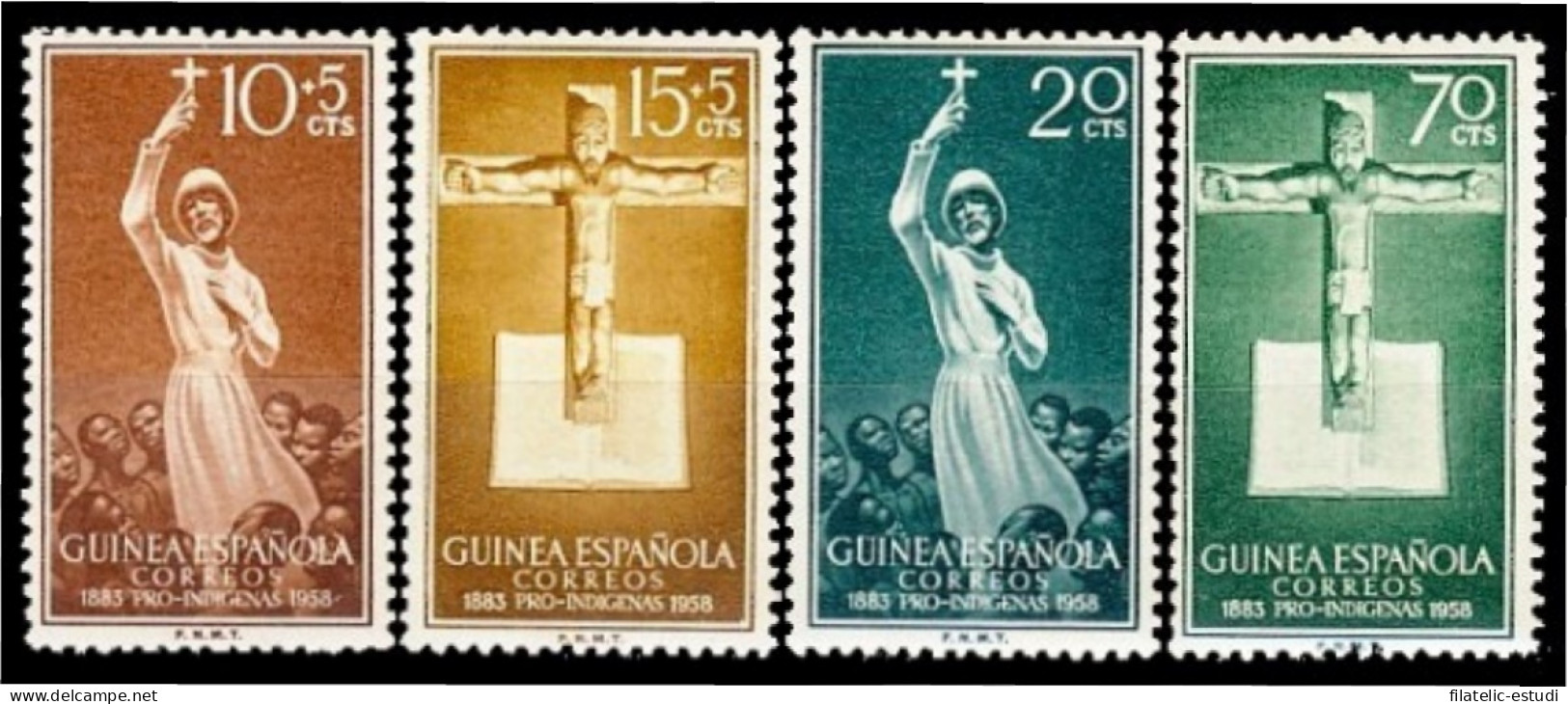 Guinea Española 384/87 1958 Pro Indígenas Misionero-Crucifijo MNH - Guinea Espagnole