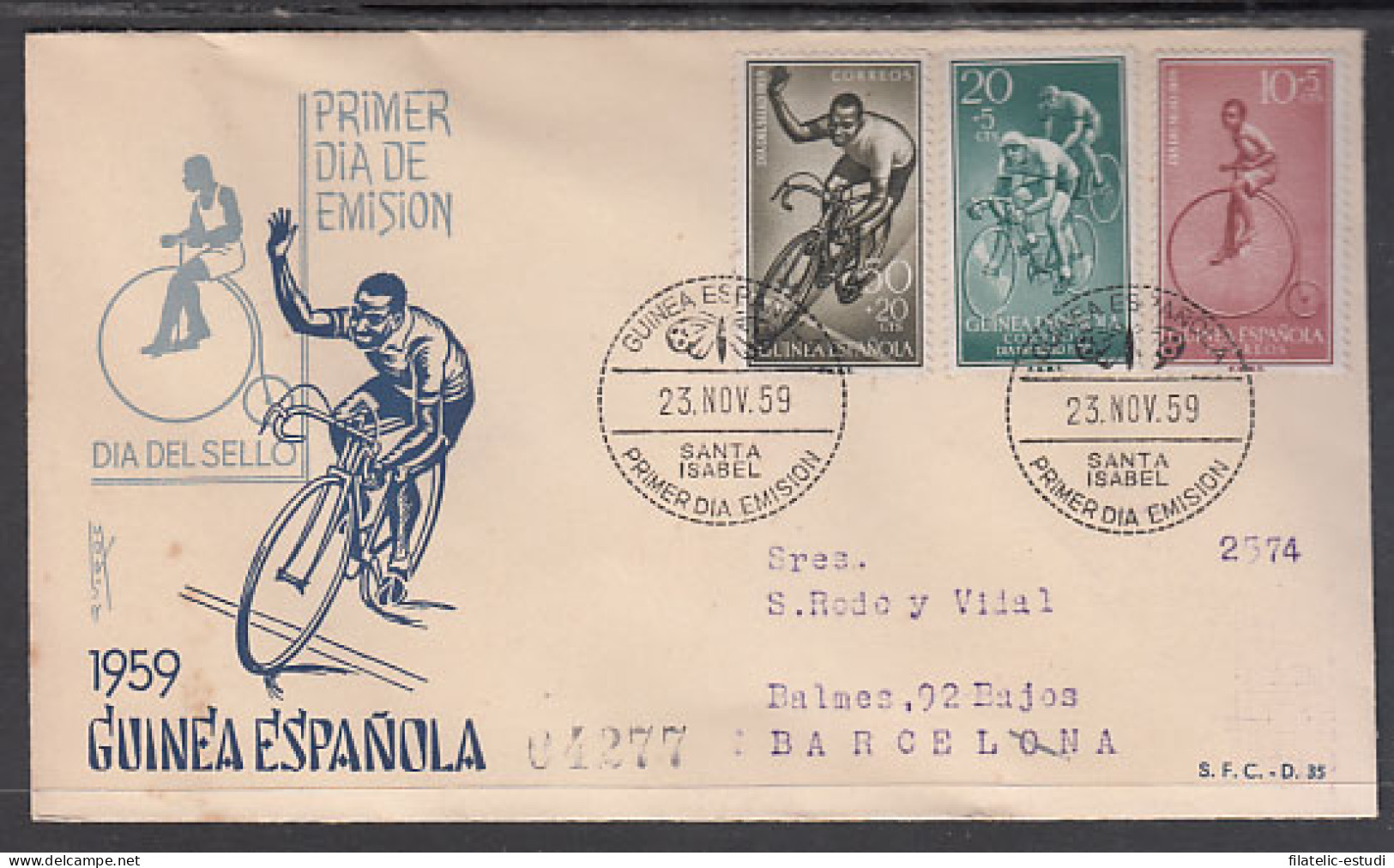 Guinea Española 395/97 1959 Día Del Sello Ciclismo SPD Sobre Primer Día - Spaans-Guinea