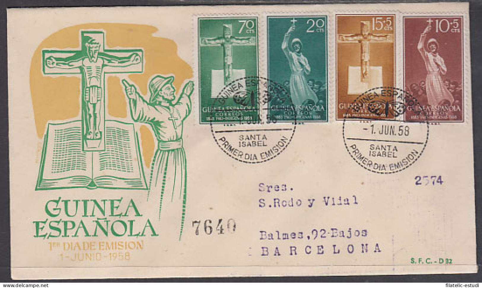 Guinea Española 384/87 1958 Pro Indígenas Misionero-Crucifijo SPD Sobre Primer - Guinea Spagnola