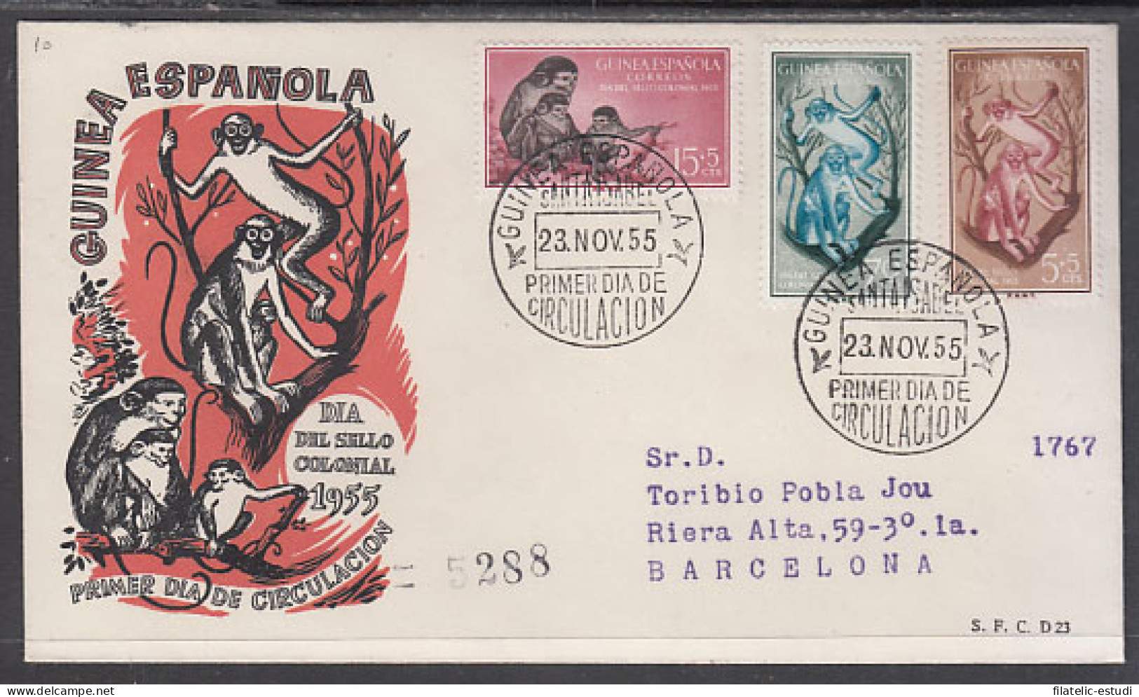 Guinea Española 355/57 1955 Día Del Sello Fauna SPD Sobre Primer Día - Spanish Guinea