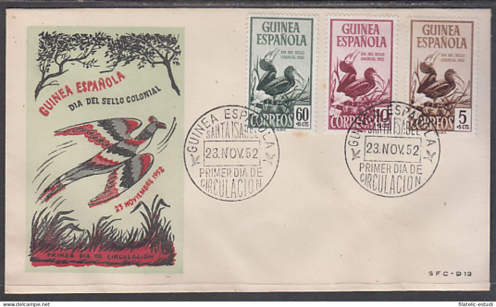 Guinea Española 318/20  1952 Día De Sello Fauna SPD Sobre Primer Día - Guinea Española