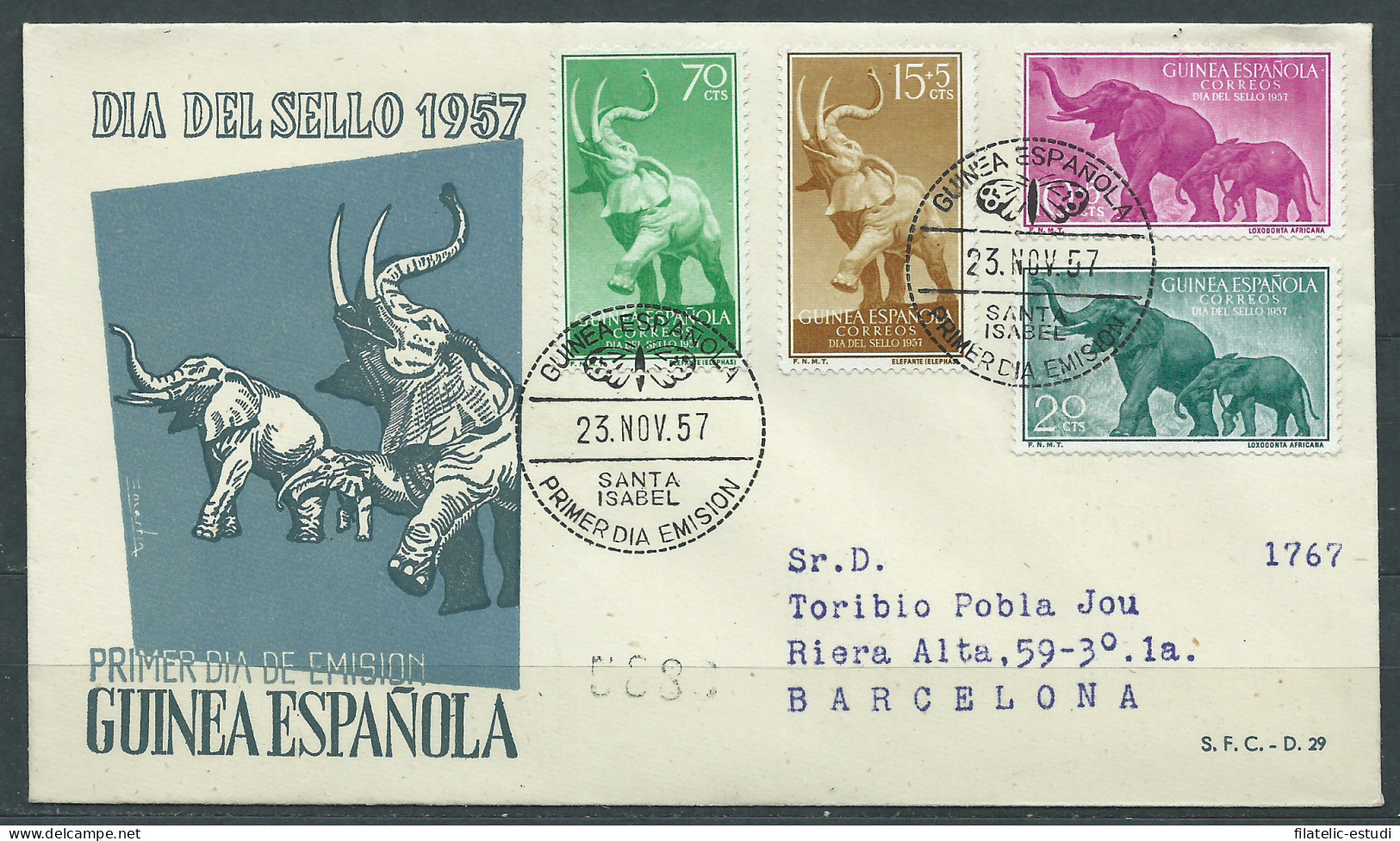 Guinea Española 369/72 1957 Día Del Sello Fauna SPD Sobre Primer Día - Guinea Spagnola