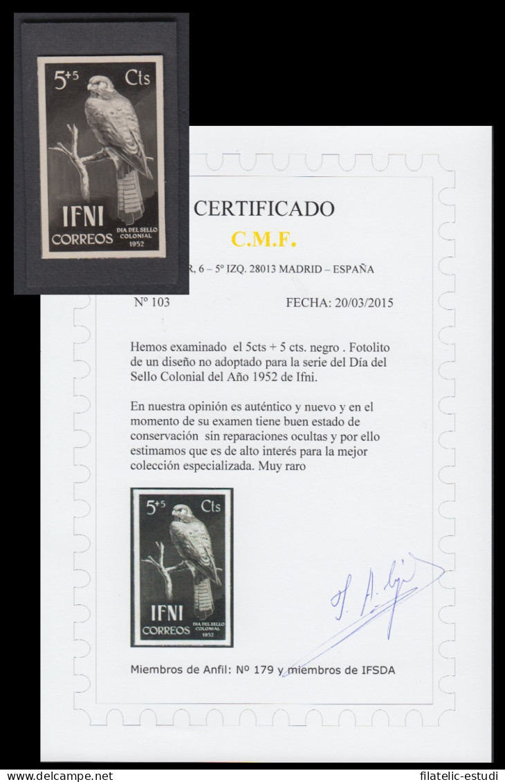 Ifni Fotolito 1952 5 Cts + 5 Cts Negro Día Del Sello Colonial Cert. 103 Fauna - Ifni