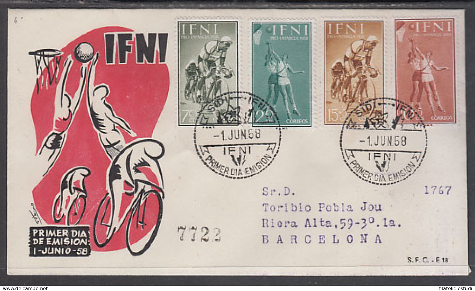Ifni 145/48  1958 Pro Infancia Baloncesto Ciclismo Sport SPD Sobre Primer Día - Ifni
