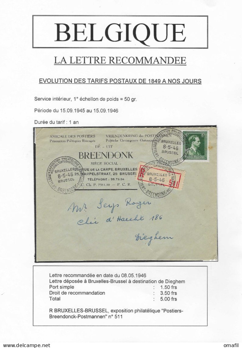 Aangetekende Brief Verstuurd Van Bruxelles Naar Dieghem 8/5/1946 - 1936-1957 Open Kraag