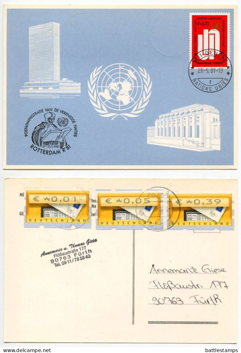 United Nations 1981 / Germany 2003 Postcard W/ UN-Geneva Scott  & Germany 1c., 5c. & 39c. ATM / Frama Stamps - Briefe U. Dokumente