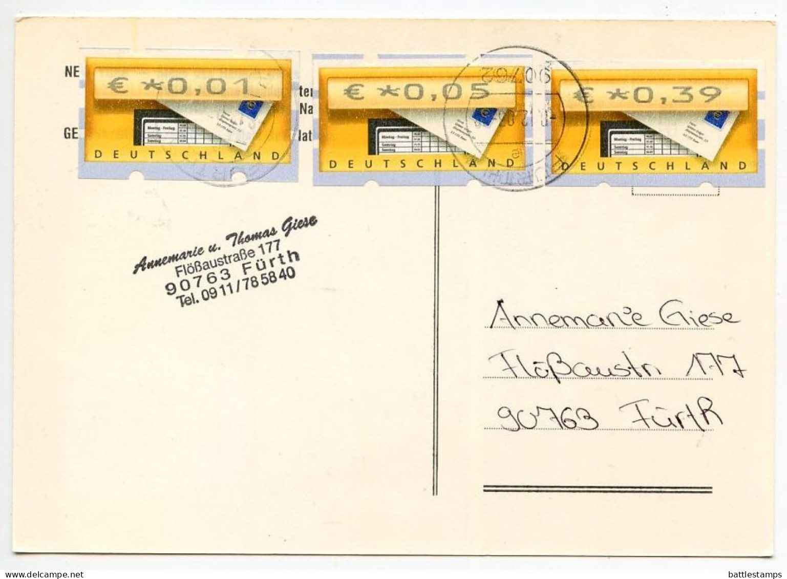 United Nations 1981 / Germany 2003 Postcard W/ UN-Geneva Scott  & Germany 1c., 5c. & 39c. ATM / Frama Stamps - Lettres & Documents