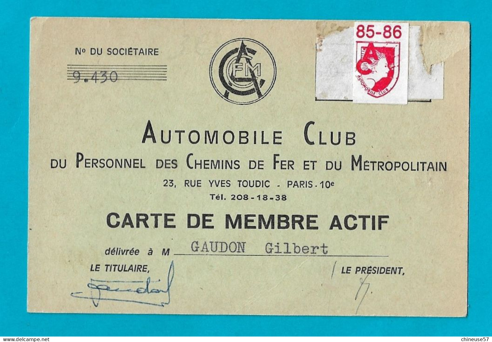 Carte De Membre Automobile Club Du Personnel Des Chemins De Fer Et Du Métropolitain - Eisenbahnverkehr