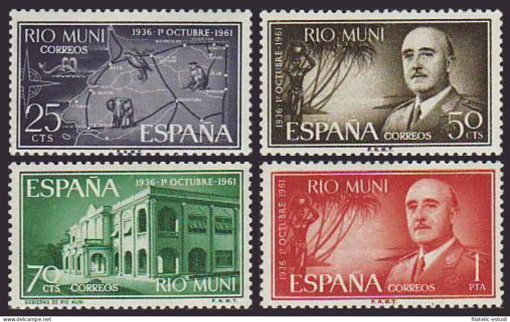 Rio Muni 21/24 1961 XXV Anv. De La Exalt. Del Caudillo Mapa-Palacio Gubernamen - Rio Muni