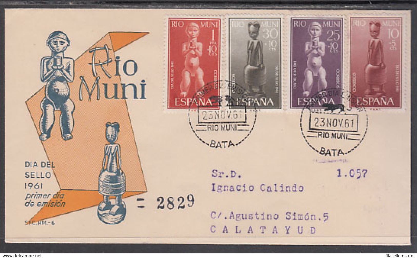 RIO MUNI 25/28  1961  Día Del Sello Estatuillas Indígenas Art SPD Sobres Prime - Rio Muni