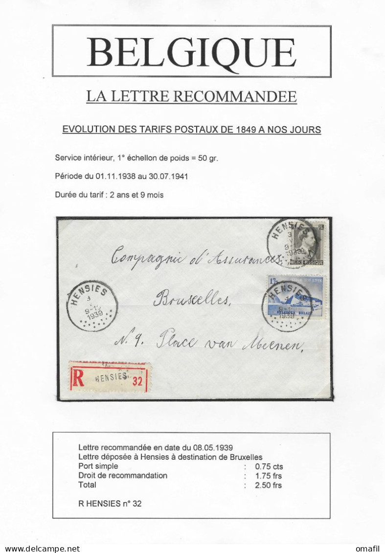 Aangetekende Brief Verstuurd Van Hensies Naar Bruxelles 8/5/1939 - 1936-1957 Open Kraag
