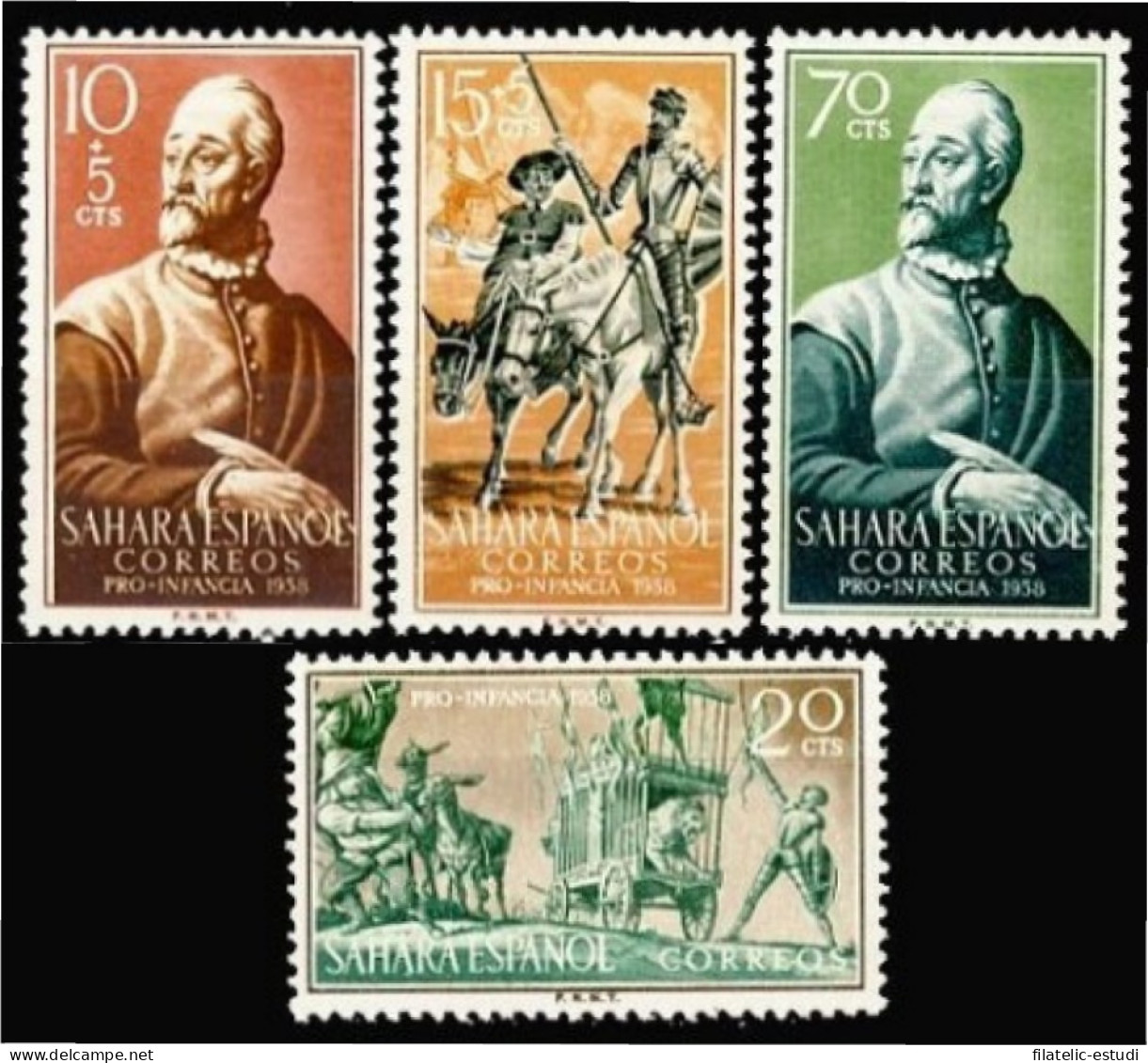 Sahara 149/52 1958 Pro Infancia Cervantes - Quijote Y Sancho Aventura Del León - Spanische Sahara