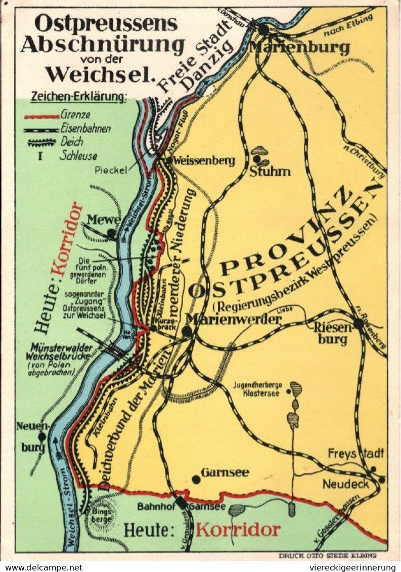 ! Ansichtskarte Ostpreußens Abschnürung Von Der Weichsel, Danzig, Marienburg, Stuhm, Mewe, Marienwerder, Grenze, Polen - Ostpreussen