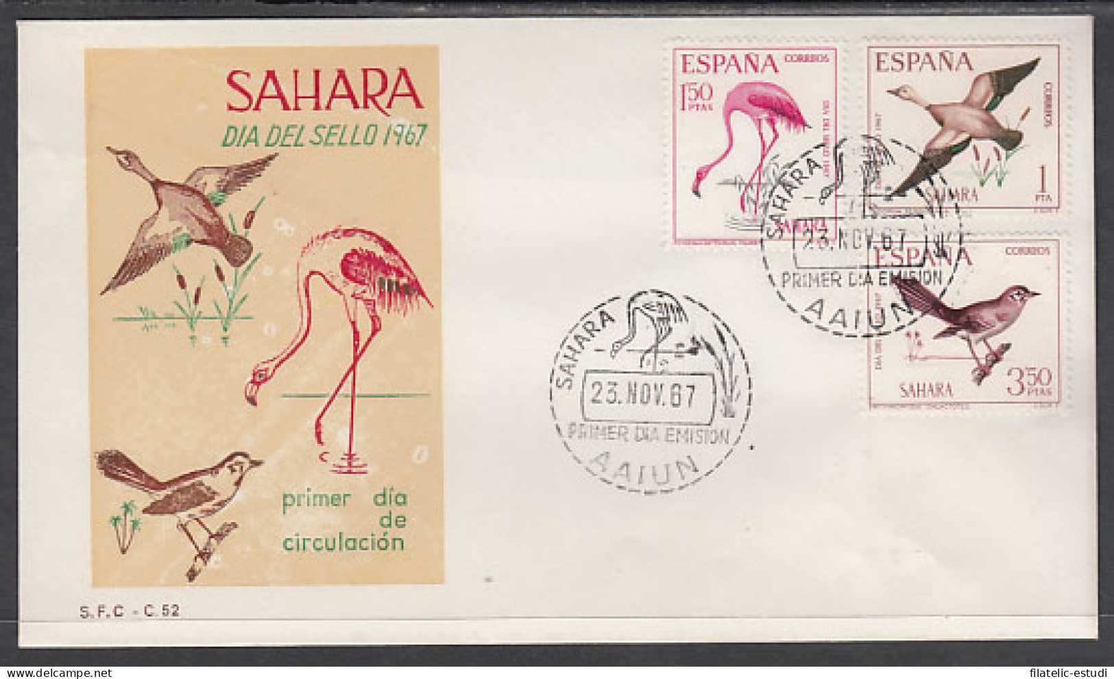 SAHARA 262/64  1967  Día Del Sello Fauna (aves). Bird SPD Sobre Primer Día - Spaanse Sahara