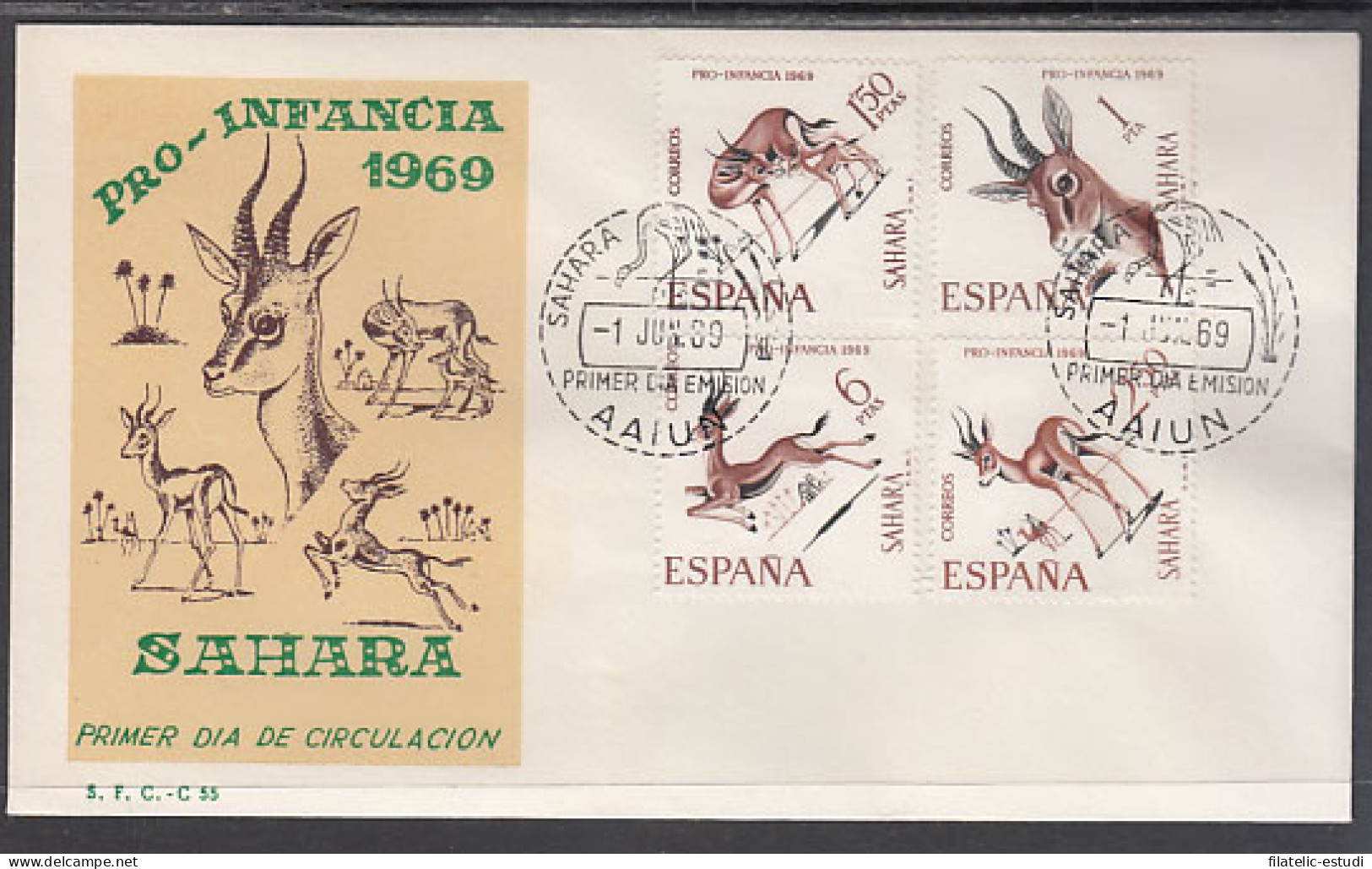 SAHARA 271/74  1969  Pro Infancia Fauna (gacelas) SPD Sobre Primer Día - Sahara Spagnolo