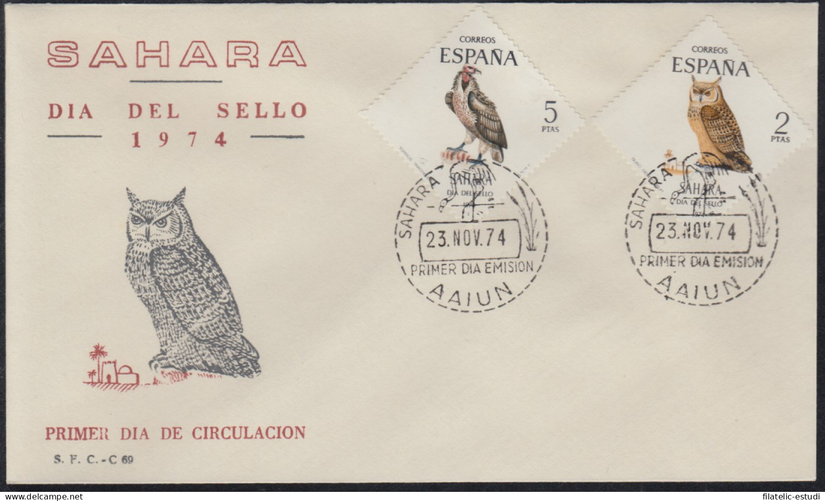 SAHARA 317/18  1974  Día Del Sello Fauna Buho - Buitre SPD Sobre Primer Día - Sahara Spagnolo