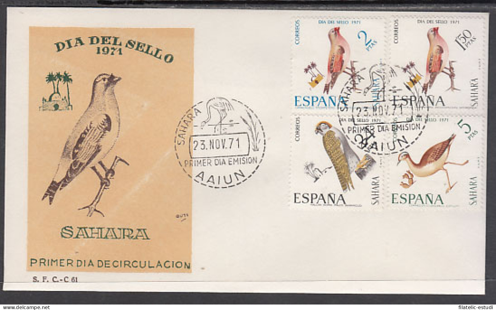 SAHARA 293/96  1971  Día Del Sello Fauna (aves) Bird SPD Sobre Primer Día - Spaanse Sahara