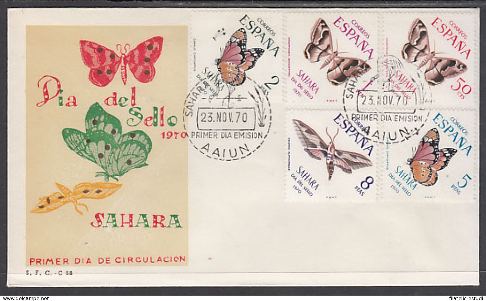 SAHARA 283/87 1970  Día Del Sello Fauna (mariposas) Butterfly SPD Sobre Primer - Spaanse Sahara