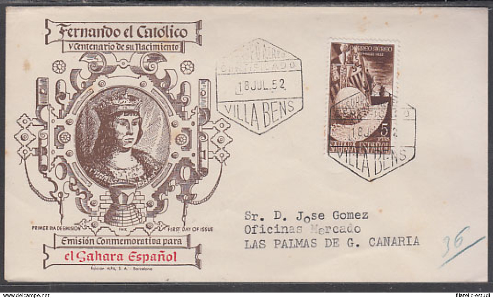 SAHARA 97  1952  Cent. Fernando Católico SPD Sobre Primer Día - Spanische Sahara