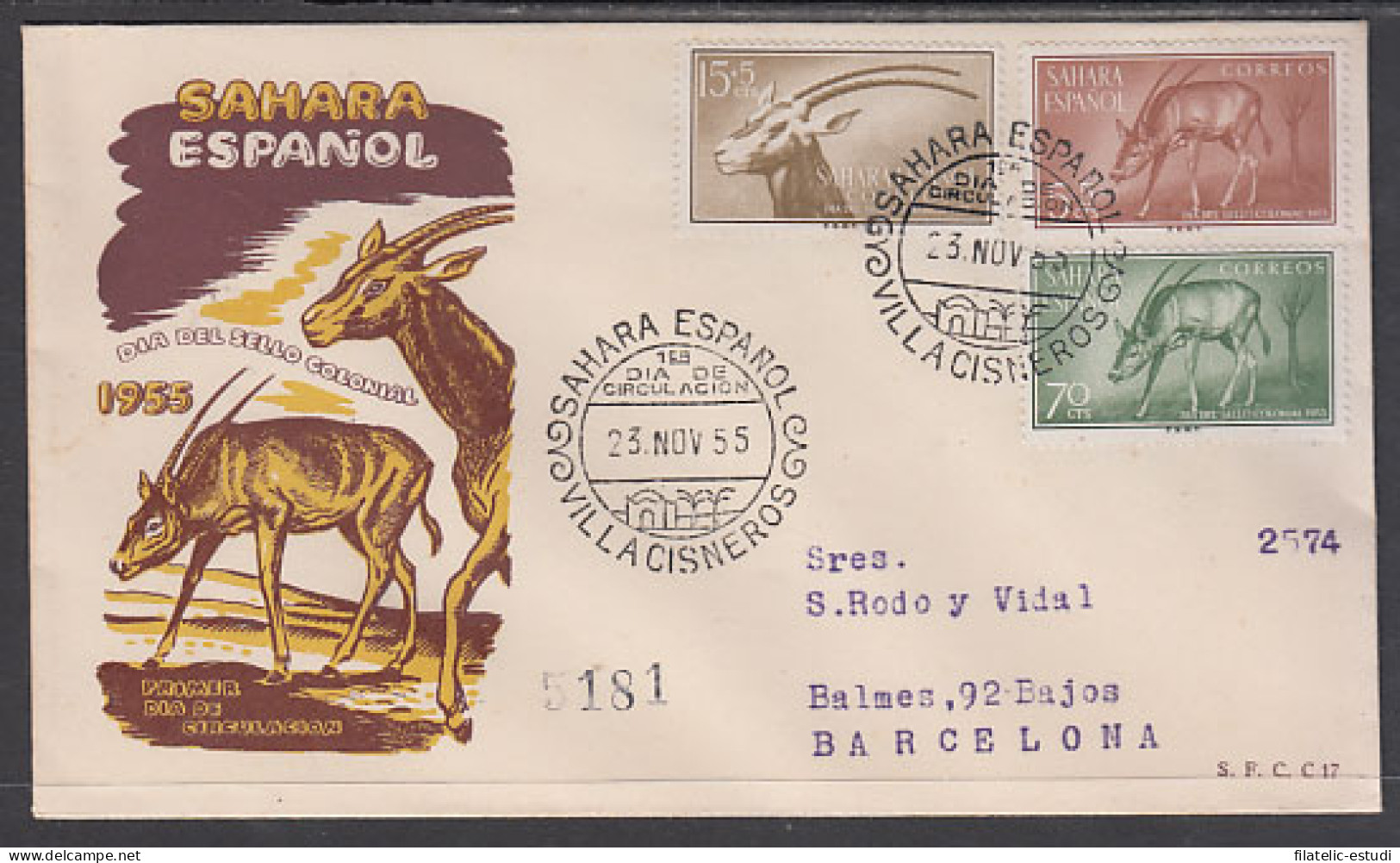 SAHARA 123/25  1955  Día Del Sello Fauna SPD Sobre Primer Día - Spaanse Sahara