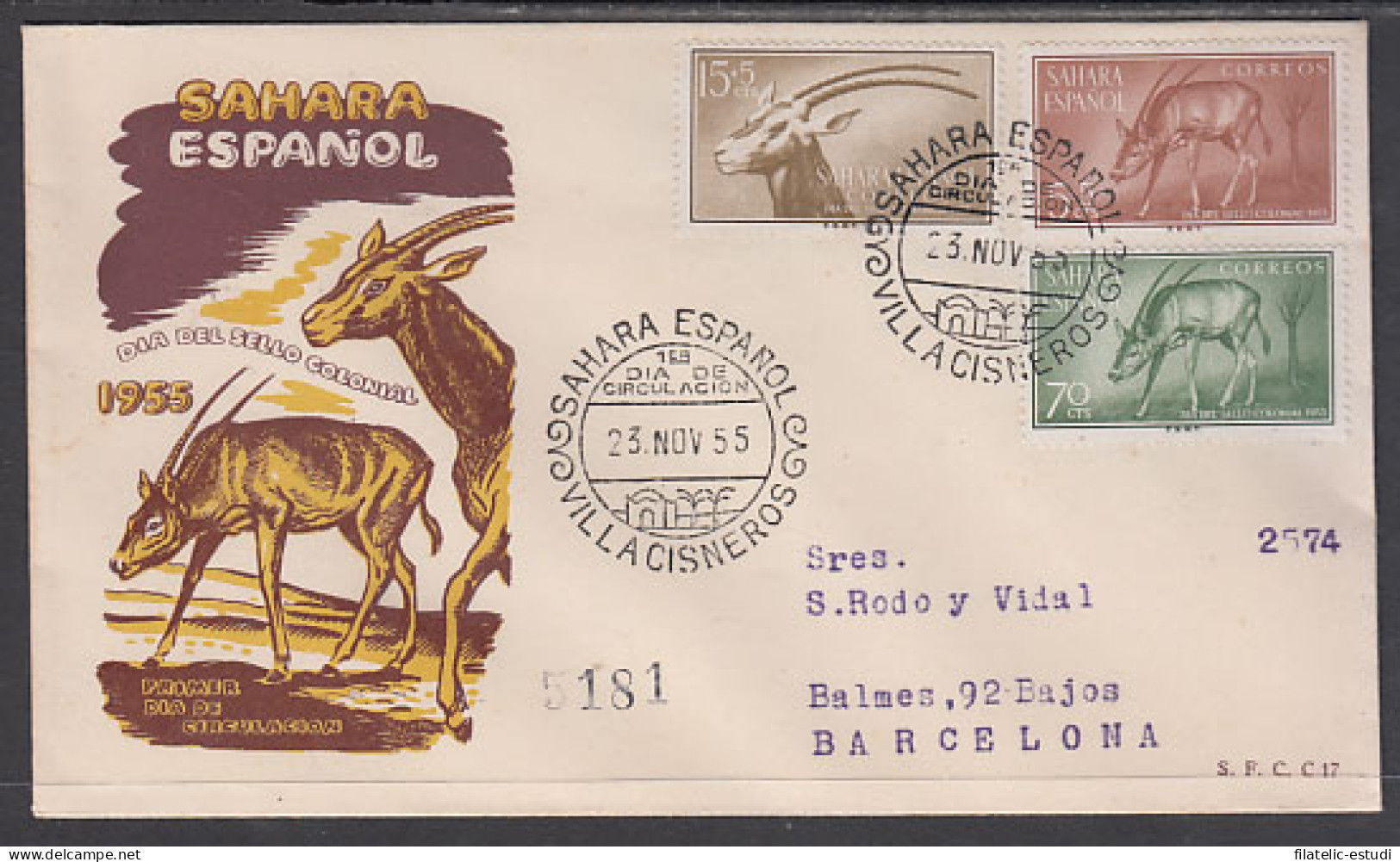 SAHARA 123/25  1955  Día Del Sello Fauna SPD Sobre Primer Día - Spanische Sahara