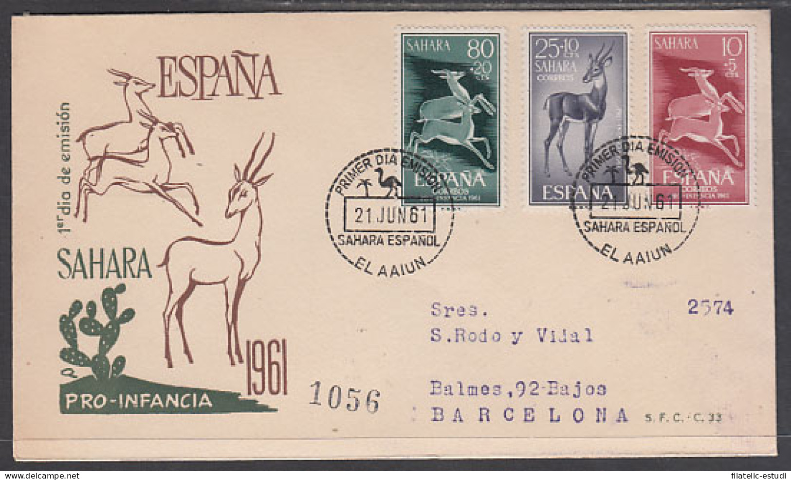 SAHARA 190/92  1961  Pro Infancia Fauna (gacelas) Gazelle SPD Sobre Primer Día - Spanish Sahara
