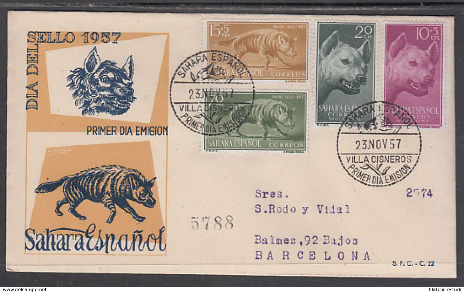 SAHARA 142/45  1957  Día Del Sello Fauna (hiena) SPD Sobre Primer Día - Spanische Sahara