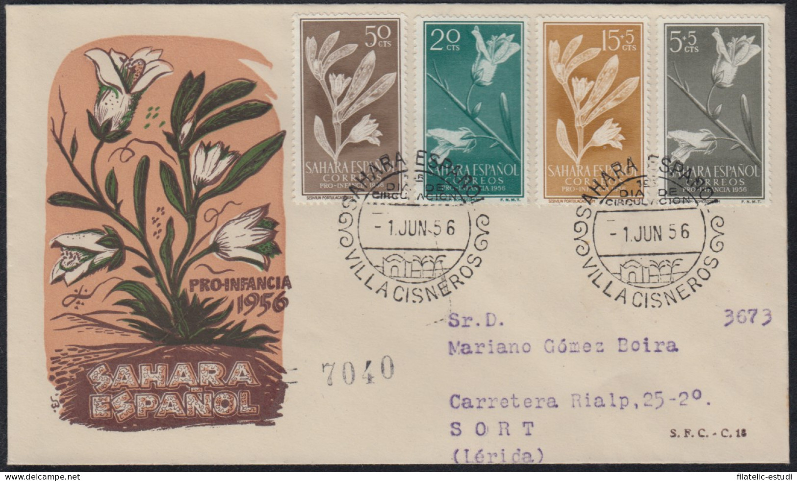 SAHARA 126/29  1956  Pro Infancia Flora SPD Sobre Primer Día - Spanish Sahara