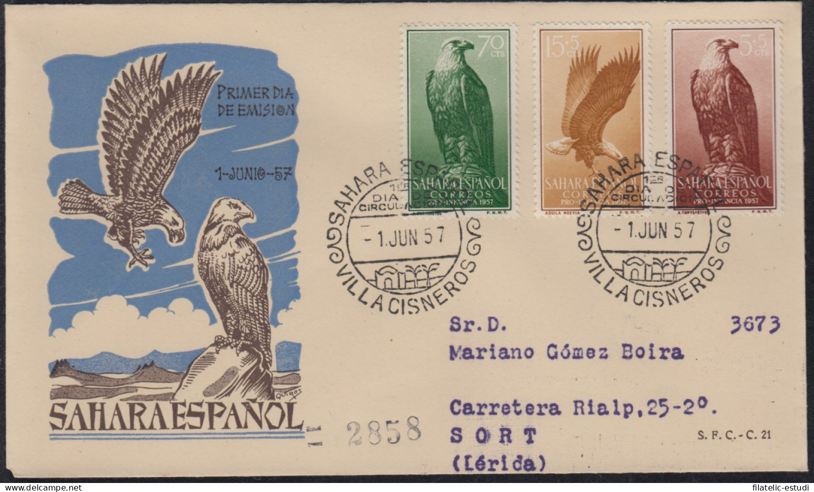 SAHARA 139/41  1957  Pro Infancia Fauna (águila) Eagle SPD Sobre Primer Día - Sahara Spagnolo