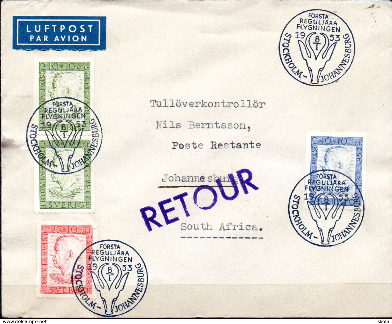 SWEDEN. 1953. Fyrst Flight Stockholm - Johannesburg. - Covers & Documents