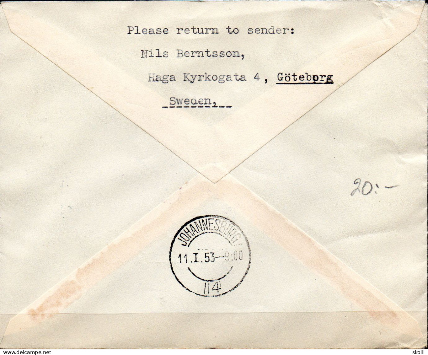 SWEDEN. 1953. Fyrst Flight Stockholm - Johannesburg. - Lettres & Documents