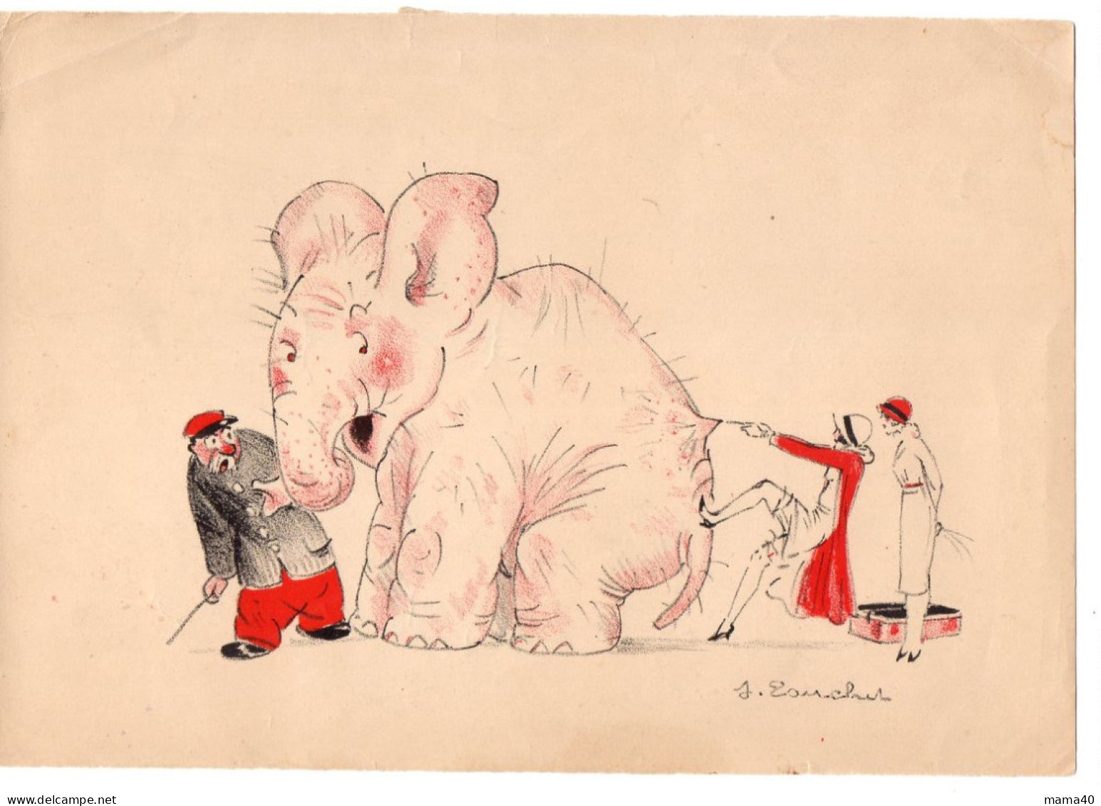 DESSIN SUR PAPIER DE J. ZAUCHET - DAME TIRANT LA QUEUE D'UN ELEPHANT DEVANT LE CORNAC AHURI - Disegni