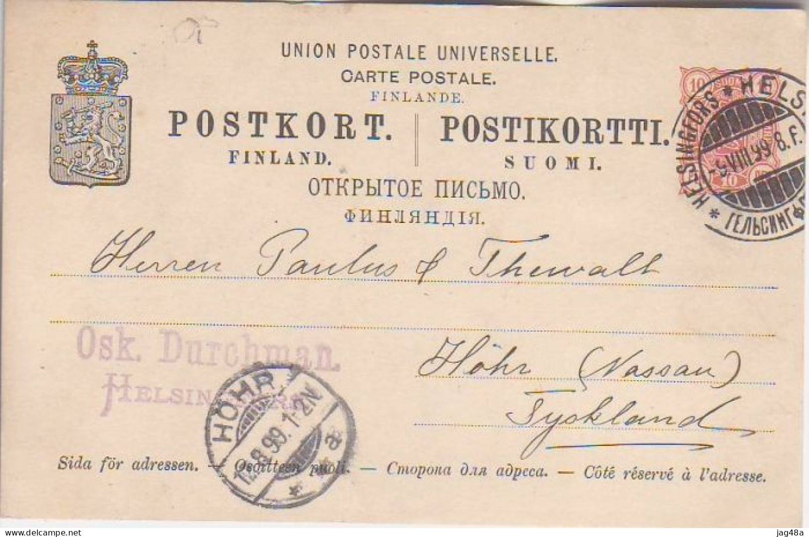 FINLAND/at Russian Empire. 1899/Helsinki, PS Card/to Hohr. - Storia Postale