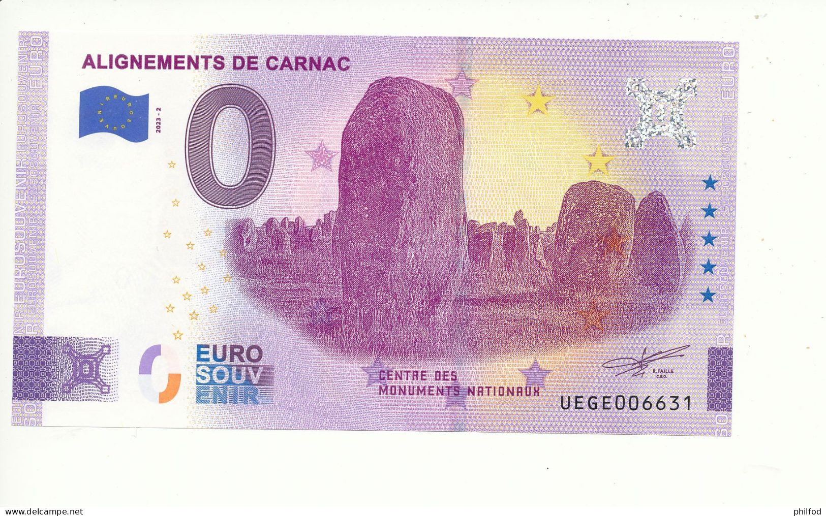 Billet Souvenir - 0 Euro - ALIGNEMENTS DE CARNAC - UEGE - 2023-2 - N° 6631 - Kilowaar - Bankbiljetten