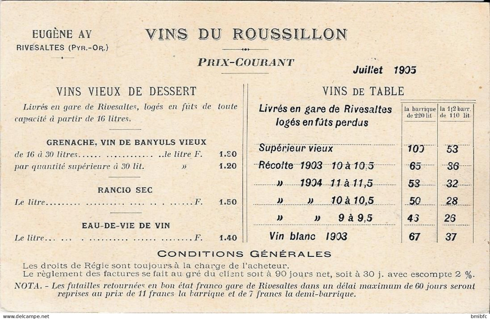 VINS DU ROUSSILLON - EUGÈNE AY. RIVESALTES  - Juillet 1905 - Cliché Eug. Ay. Eglise St Marc à Venise - Rivesaltes