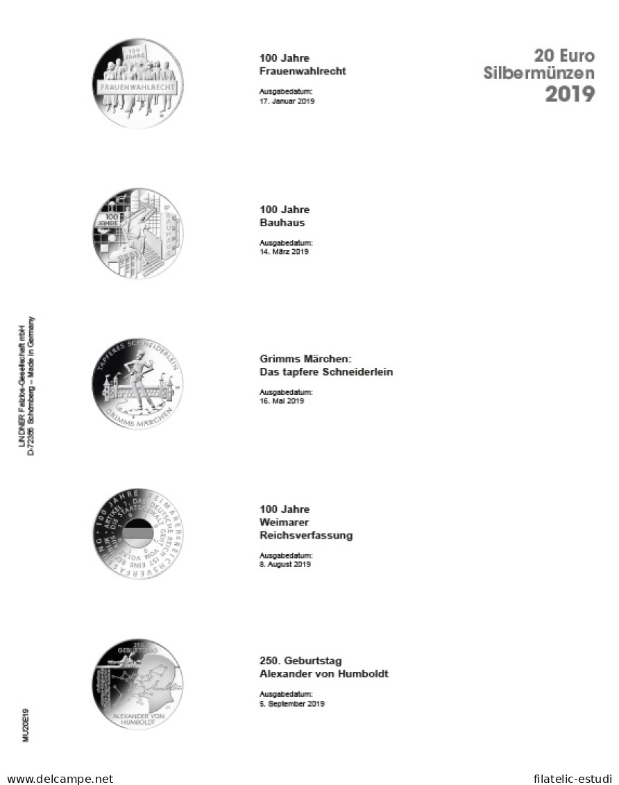 Lindner MU20E19 Hojas Individuales Pre-impresas Publica M Para Monedas De 20 E - Zubehör