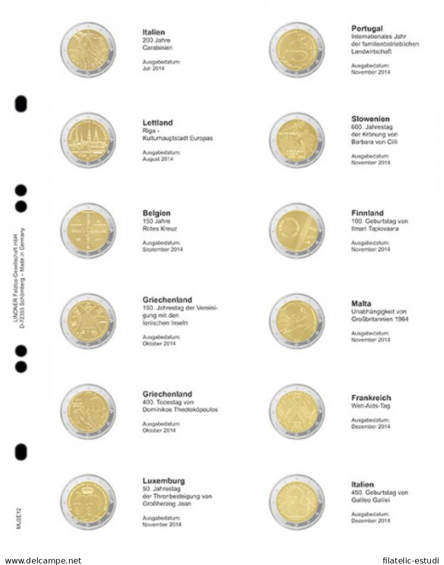 Lindner MU2E12 Hojas Individuales Pre-impresas Para Monedas De 2 Euros - Matériel