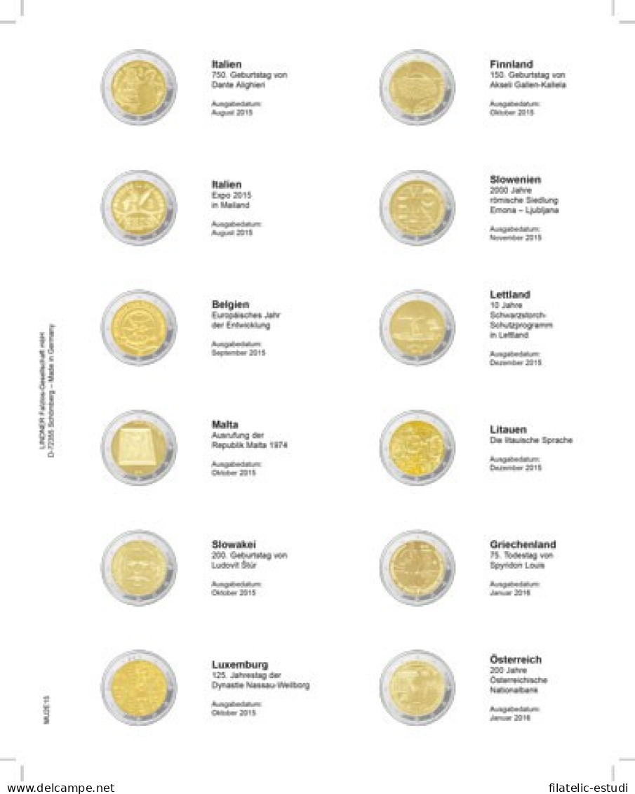 Lindner MU2E15 Hojas Individuales Pre-impresas Para Monedas De 2 Euros - Matériel