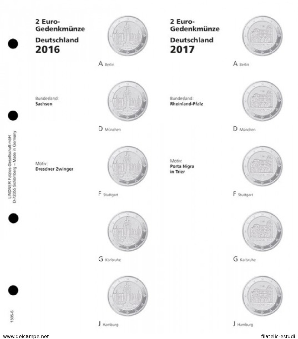 Lindner 1505-6 Hojas Individuales Para Monedas Conmemorativas De 2 Euros Estad - Matériel