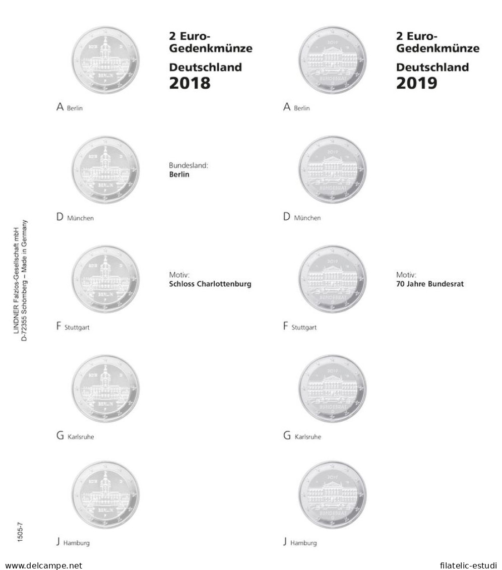 Lindner 1505-7 Hojas Individuales Para Monedas Conmemorativas De 2 Euros Estad - Matériel