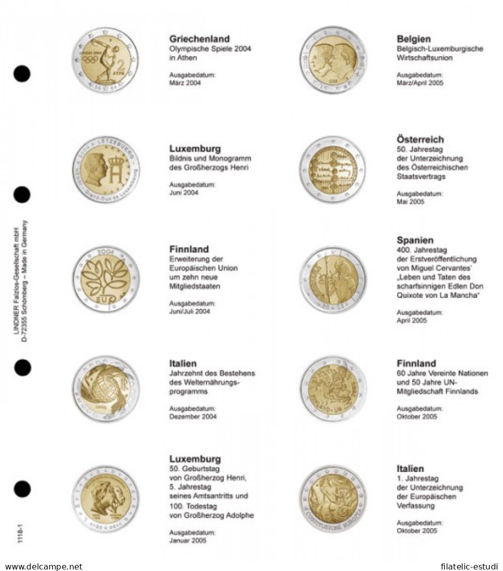 Lindner 1118-1 Hojas Individuales Para Monedas Conmemorativas De 2 Euros - Matériel