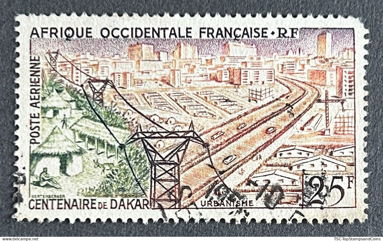 FRAWAPA024U1 - Airmail - Centenary Of Dakar - Town Planning - 25 F Used Stamp - AOF - 1958 - Usati