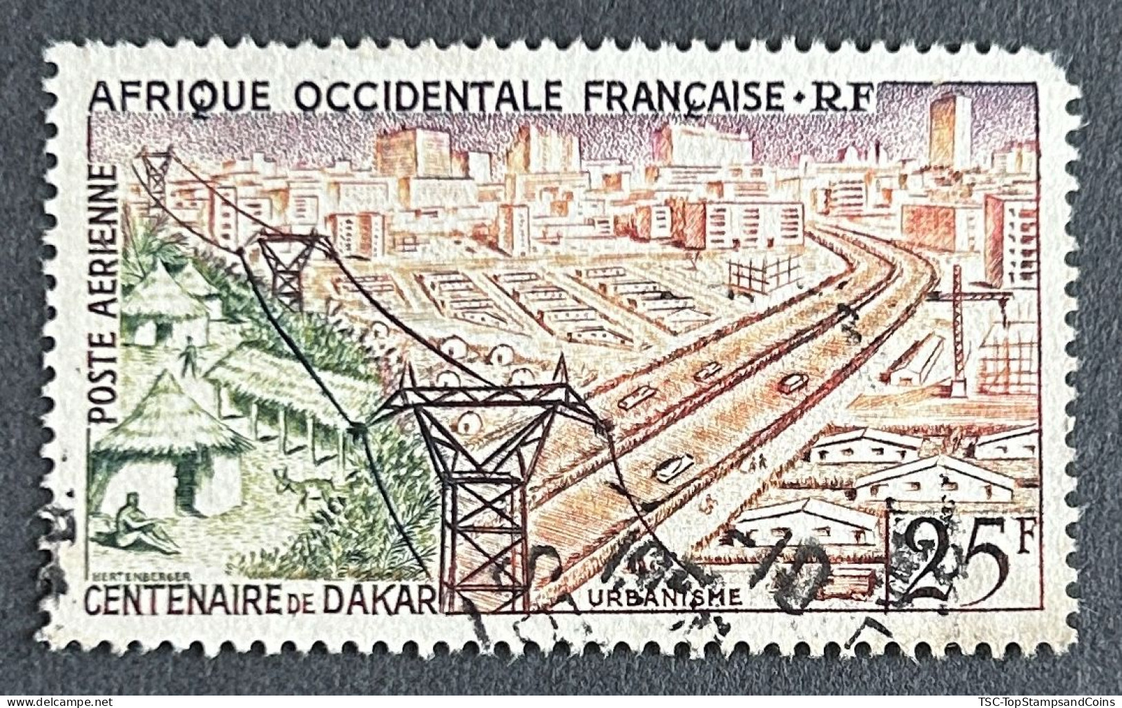 FRAWAPA024U1 - Airmail - Centenary Of Dakar - Town Planning - 25 F Used Stamp - AOF - 1958 - Gebraucht