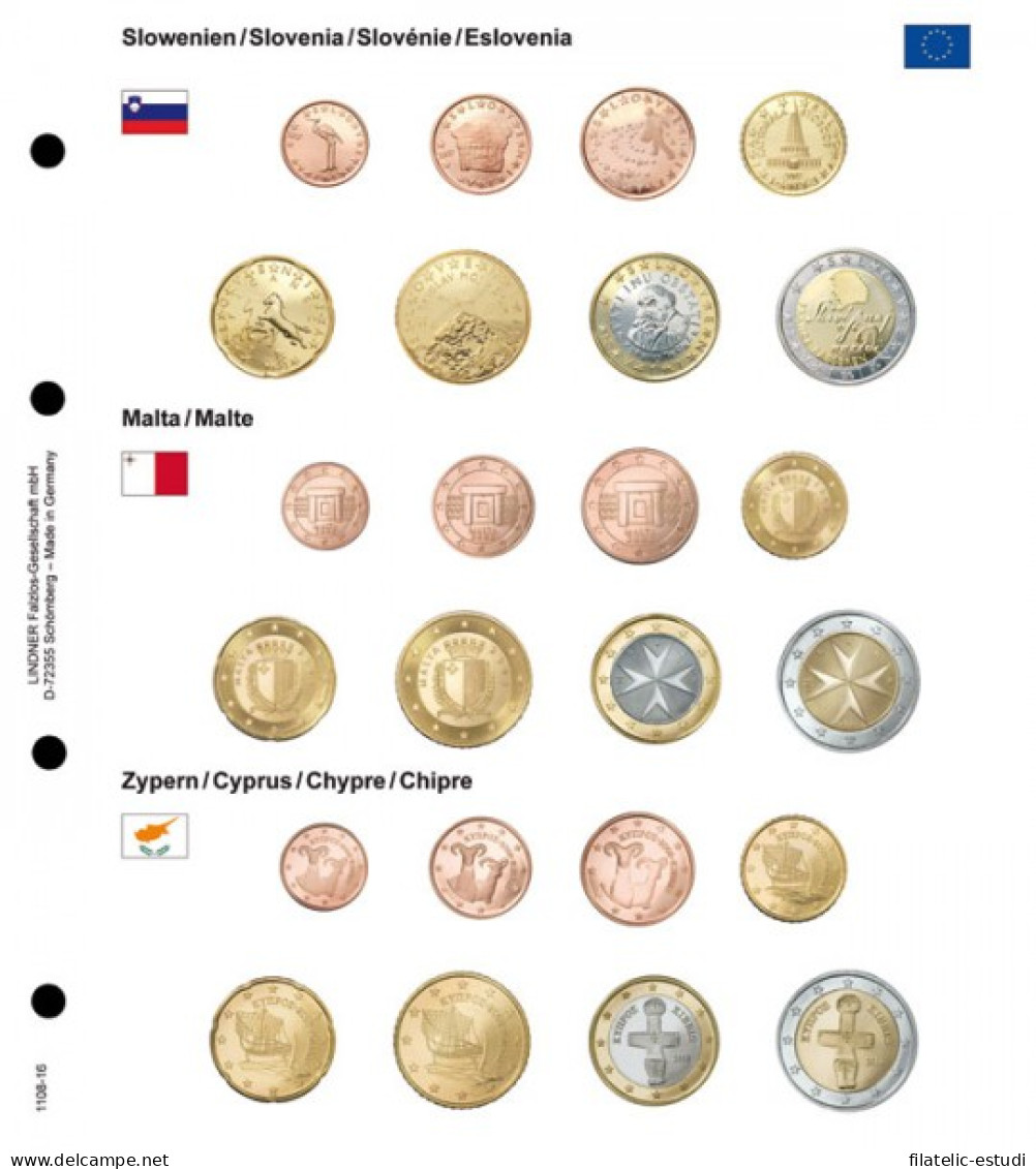 Lindner 1108-16 Karat Página Ilustrada Para Juegos De Monedas EURO - Matériel