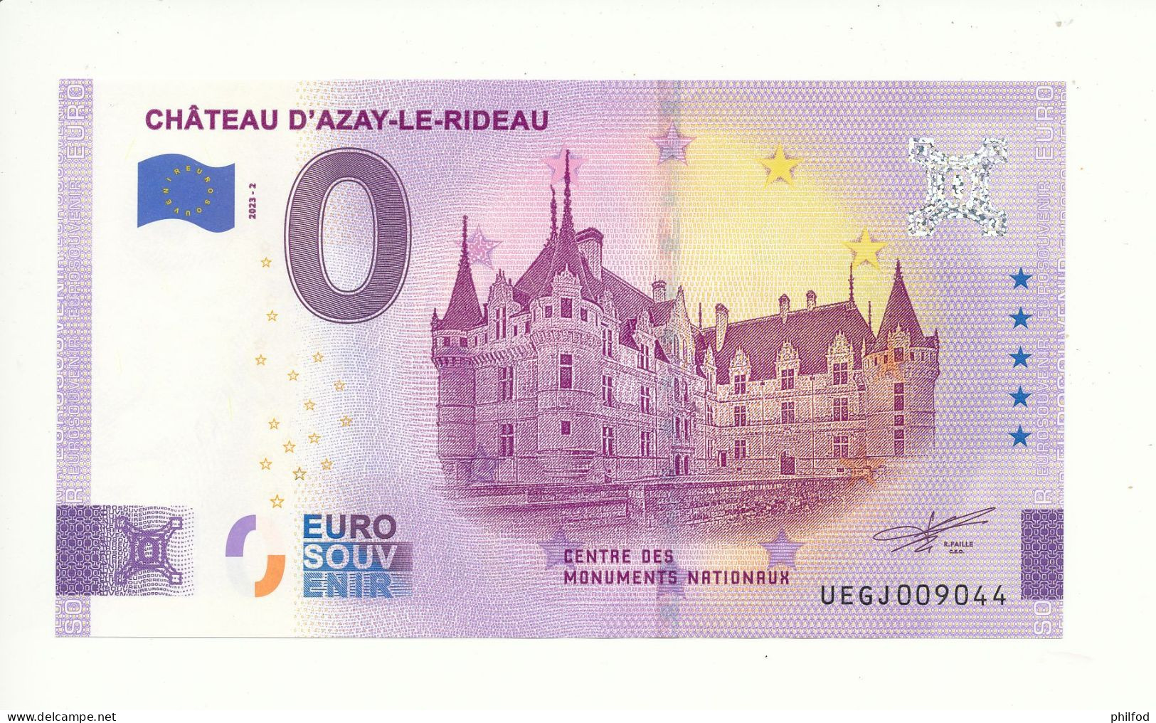 Billet Souvenir - 0 Euro - CHÂTEAU D'AZAY-LE-RIDEAU - UEGJ - 2023-2 - N° 9044 - Vrac - Billets