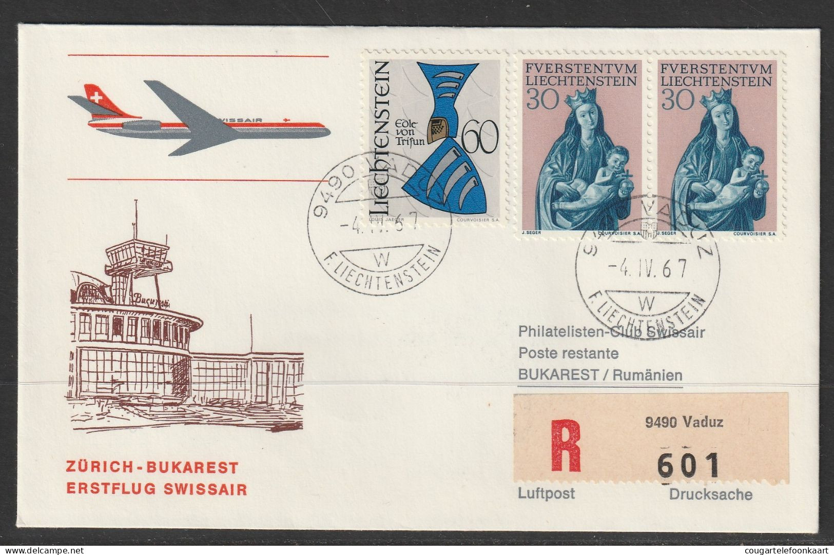 1967, Swissair, Erstflug, Liechtenstein - Bucuresti - Luchtpostzegels