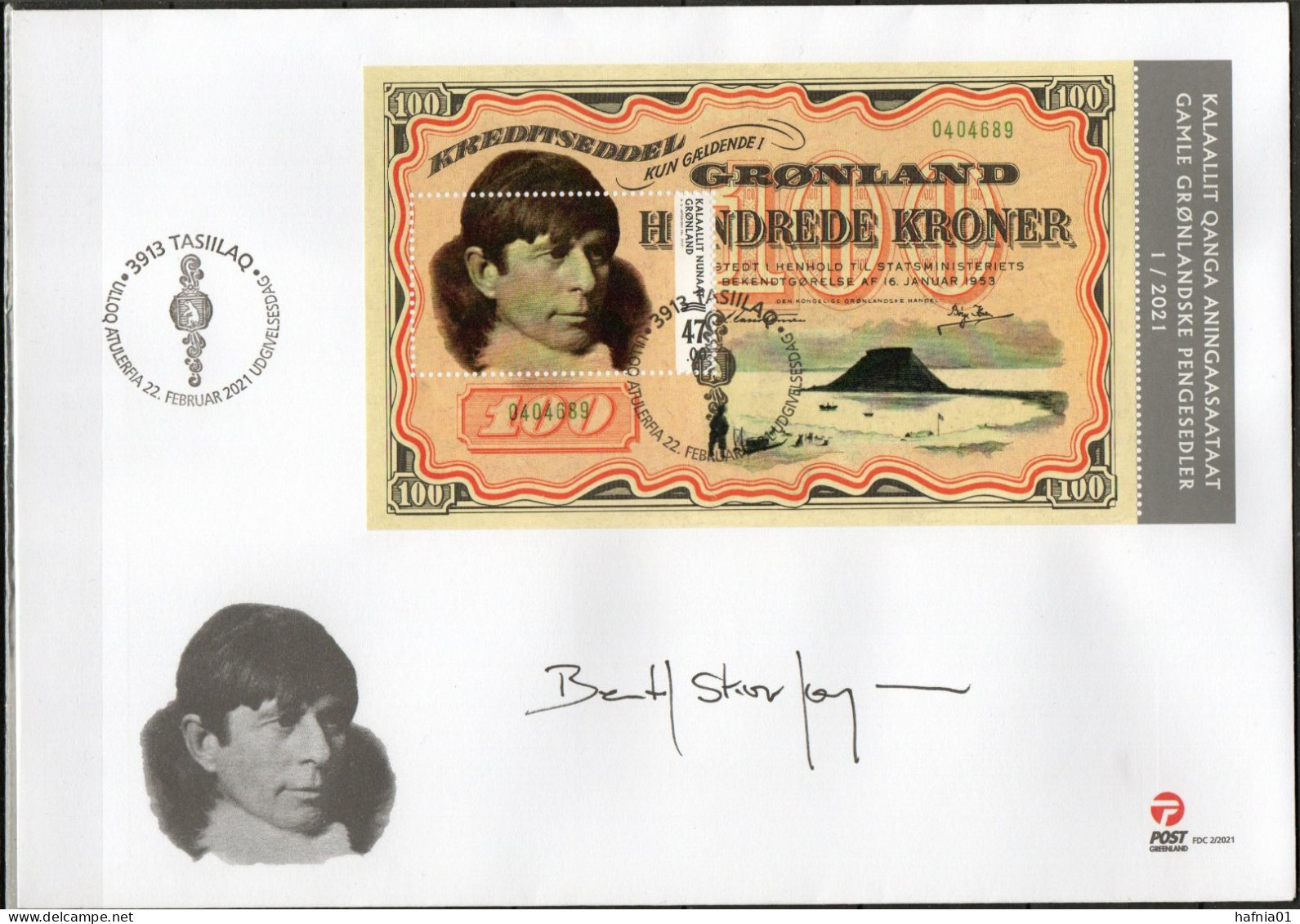 Bertil Skov Jørgensen. Greenland 2021. Old Banknotes. Souvenir Sheet. FDC. Signed. - FDC