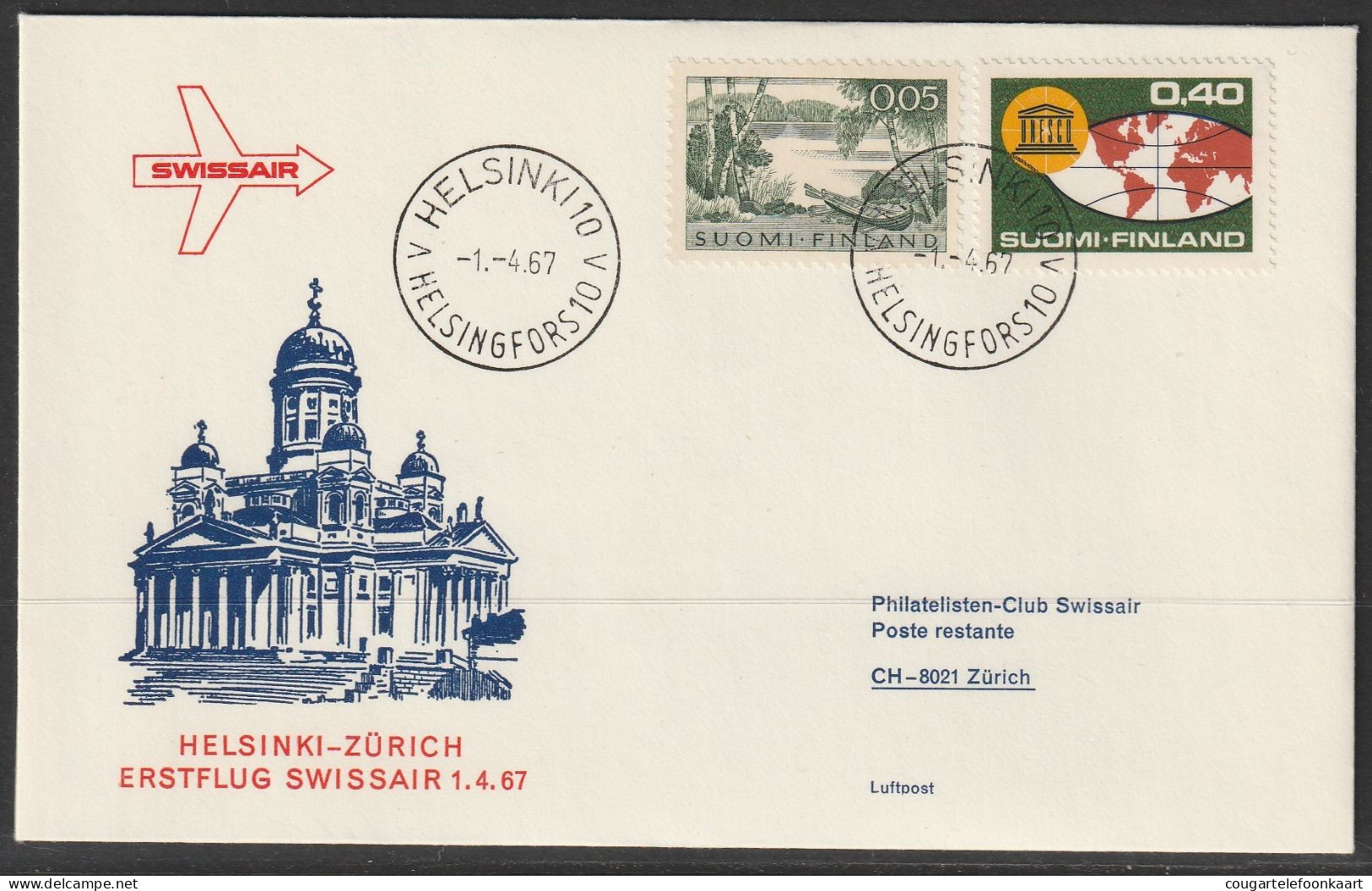 1967, Swissair, Erstflug, Helsinki - Zürich - Brieven En Documenten